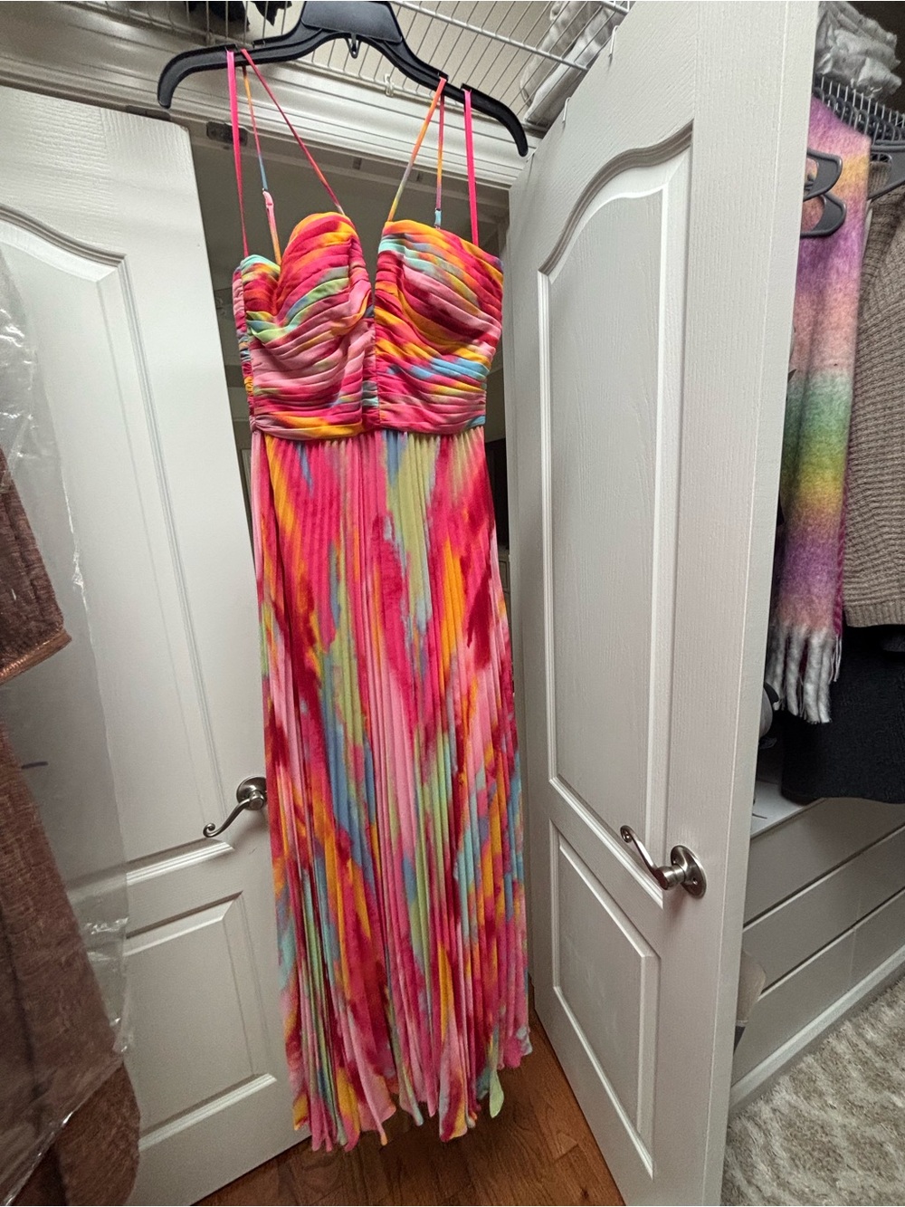 Xscape Multicolor Pink Yellow Blue Pleated Maxi Dress